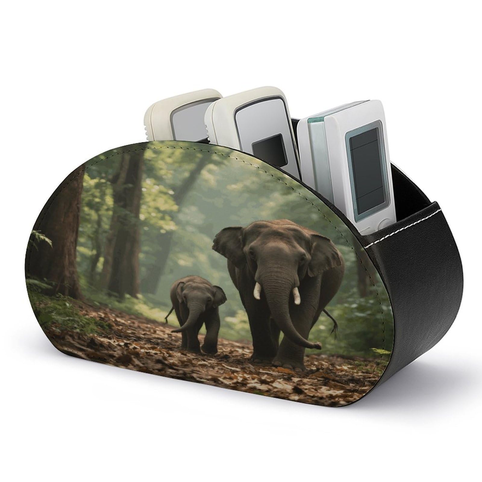 VstaDank Elephants Remote Control Holder with 5 Compartments PU Leather TV Remoter Caddy Desktop Organizer TV Remote Holder Remote Box for Media Controllers Office Supplies