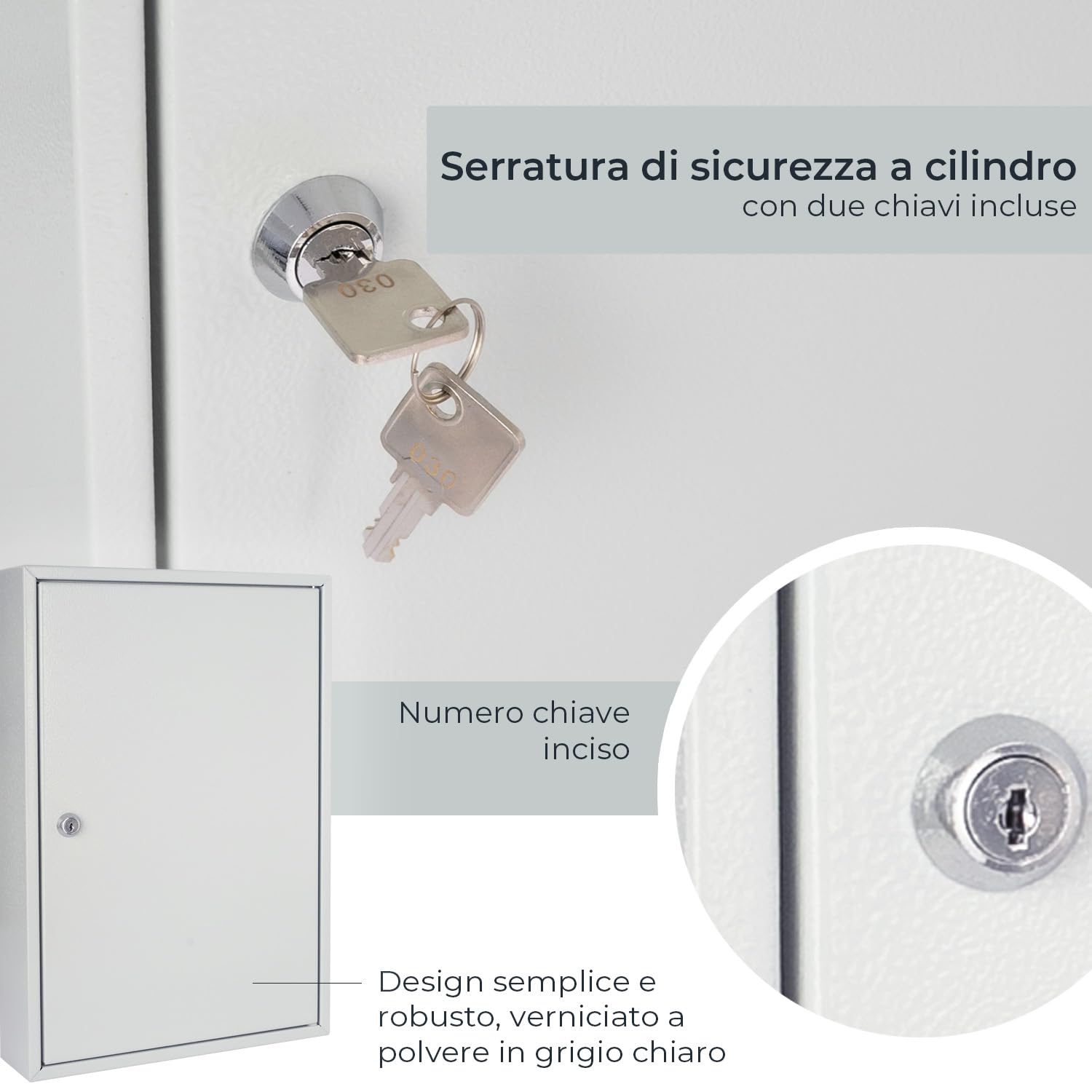 HMF Armadietto portachiavi in acciaio, Cassetta portachiavi con serratura per ufficio, amministrazione o parco veicoli | 64 ganci portachiavi | 45 x 30 x 8 cm | Grigio chiaro