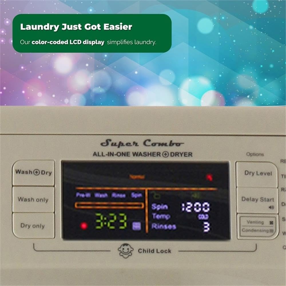 Close-up of the Pinnacle 18-4400NG Super Combo Washer/Dryer control panel with a color-coded LCD display showing cycle status, time, spin speed, temperature, and rinses.