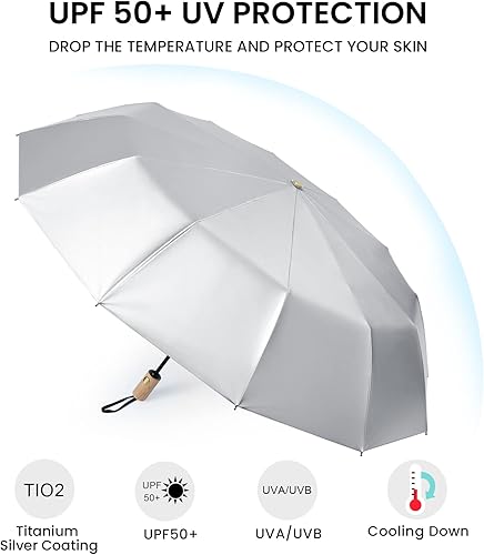 Miniatura 2 de G4Free Paraguas de viaje grande de 46 pulgadas con protección UV UPF 50+ con mango de madera, 12 varillas de fibra de vidrio, súper resistente al