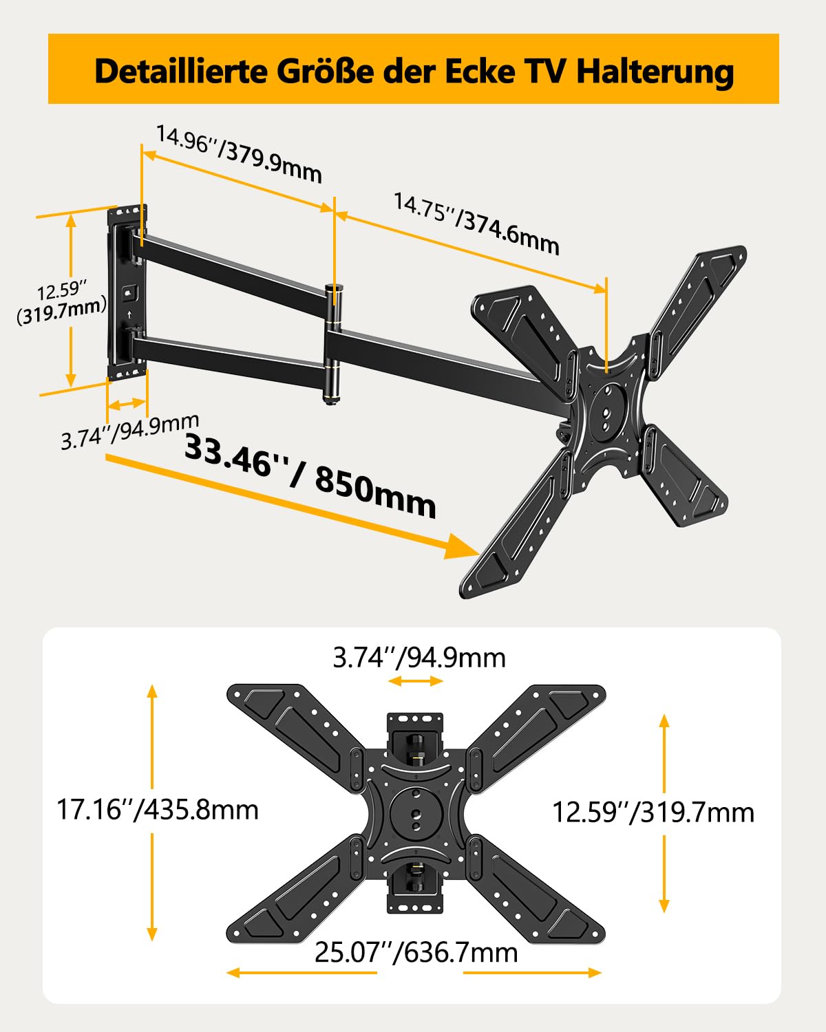 TV Wandhalterung Schwenkbar für 32-75 Zoll Fernseher, 180° Drehung von Querformat zu Hochformat Ecke TV Halter mit 850mm Langem Arm, Fernseher Halterung für die Wand VESA 600x400mm bis zu 50kg