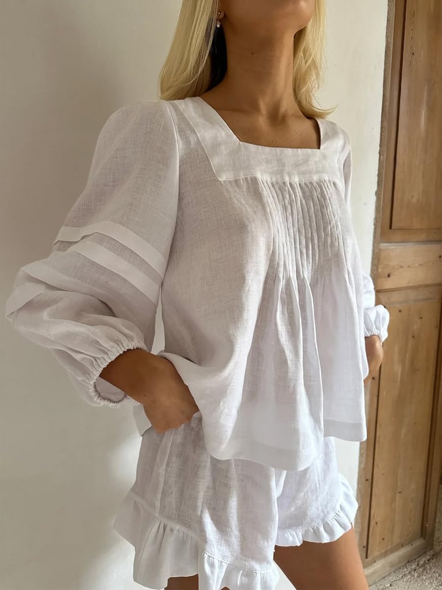 Womens 2 Piece Sets Puff Long Sleeve Square Neck Top and Ruffle Shorts Cotton Pajamas Set - Image 2