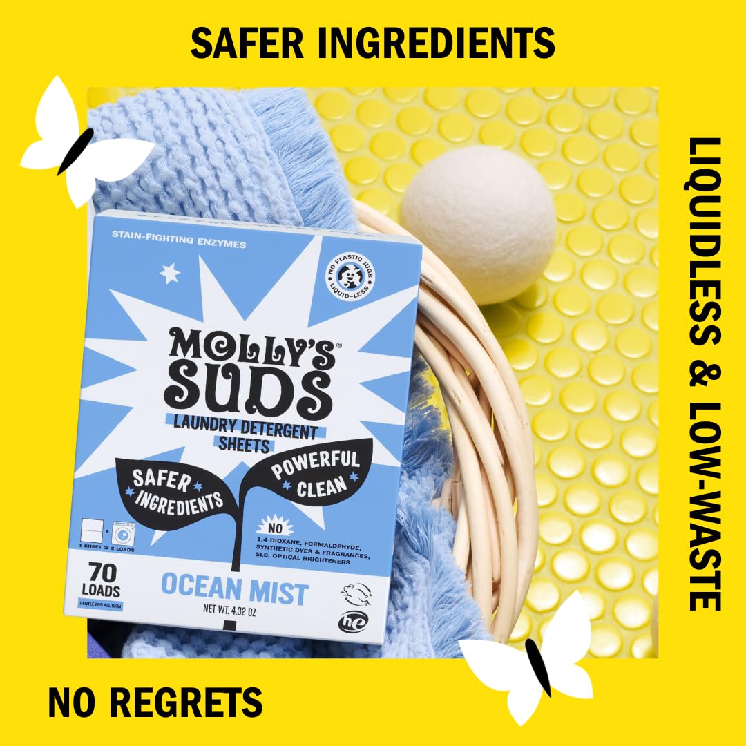 Molly's Suds Waschmittelblätter | Sanft zu empfindlicher Haut, kraftvolle pflanzliche Enzyme, fleckenbekämpfend | flüssigkeitslose & plastikfreie Verpackung | 70 Waschladungen (Ocean Mist)