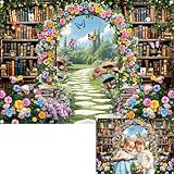 Fairy Garden Library Backdrop Enchanted Forest Fairytale Woodland Storybook Photography Background Fairy Magic Bookshelf Library Kids Birthday Party Decor anner Photo Booth Props (7x5FT(82 x 59 inch))