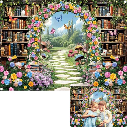 Fairy Garden Library Backdrop Enchanted Forest Fairytale Woodland Storybook Photography Background Fairy Magic Bookshelf Library Kids Birthday Party Decor anner Photo Booth Props (7x5FT(82 x 59 inch))