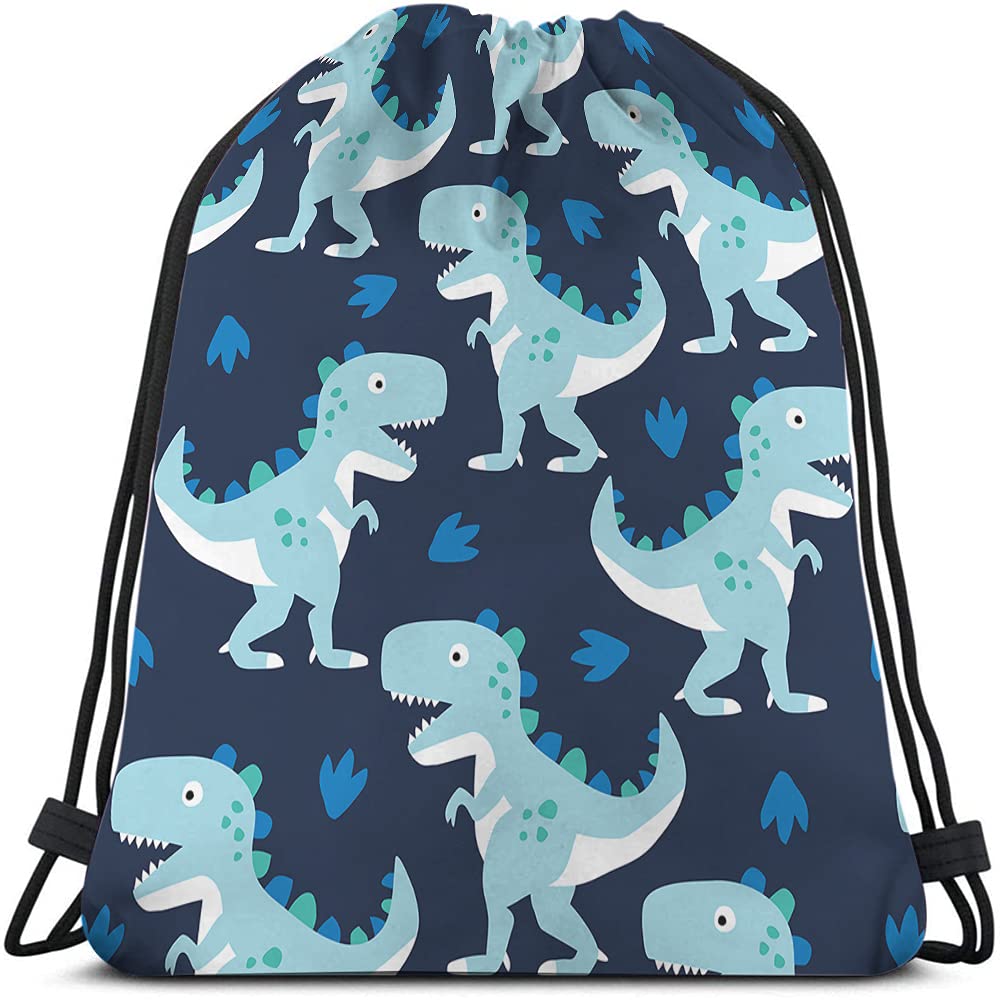 Beabes Blue Dinosaur Print Drawstring Backpack Bag - Dino Little Cute Cartoon Animal Pattern Roar Series Sport Gym Sack Drawstring Bag for Men Women