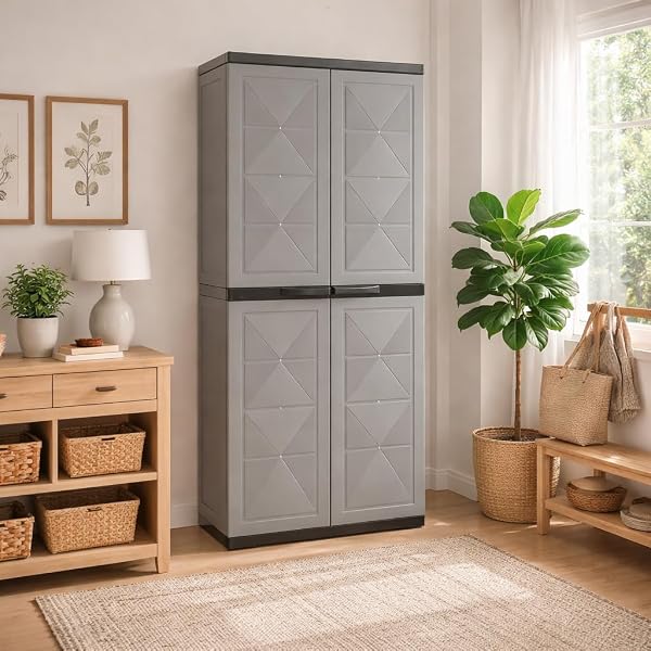 Maury's Armadio Basic Line con 3 Ripiani 1 Porta Scope - per Interno, Esterno, Ripostiglio, Organizzazione, Lavabile, Garage, Montaggio Senza Viti, in Polipropilene - Colore Grigio (65X37X165h cm) - 5