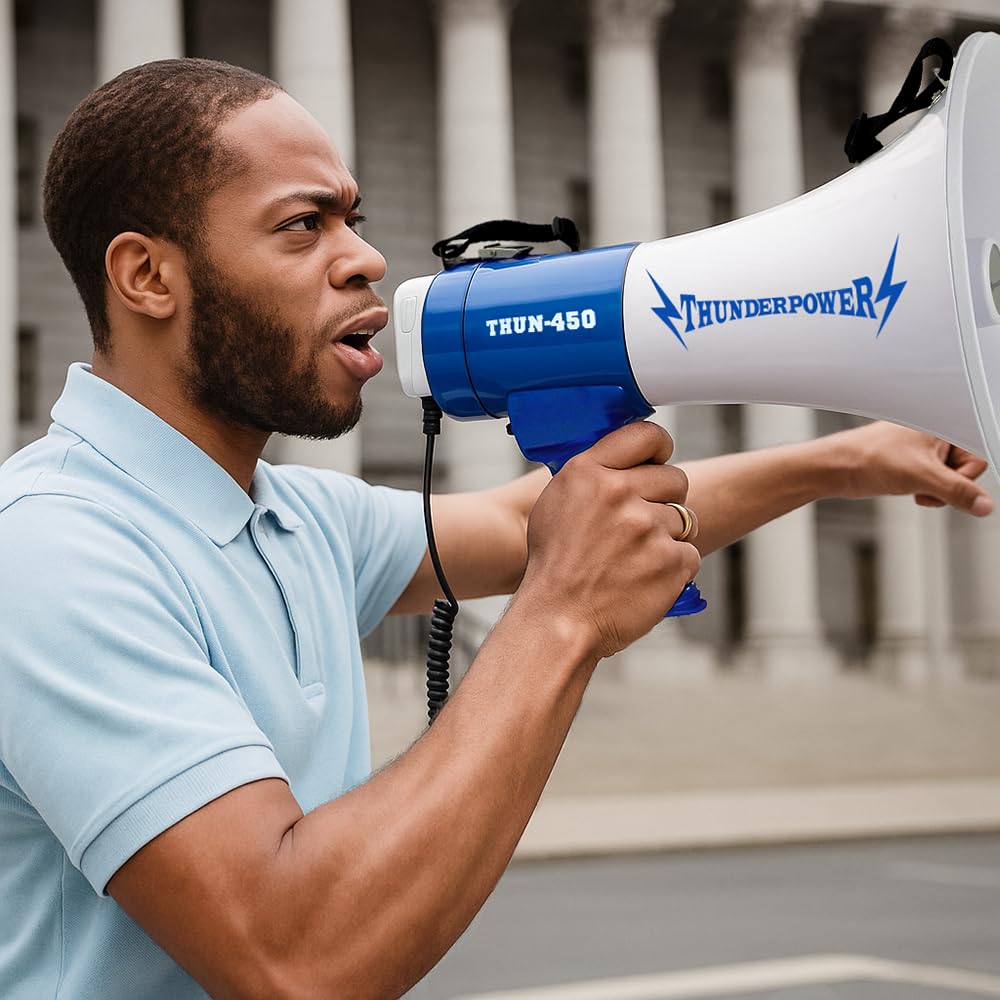 ThunderPower THUN450 Extra-Loud Megaphone Speaker – 35W Voice Amplifier for 1,400-Yard Range – Bullhorn Megaphone with Voice, Siren & Whistle Mode – Bull Horn Loud Speaker with Mic & Shoulder Strap