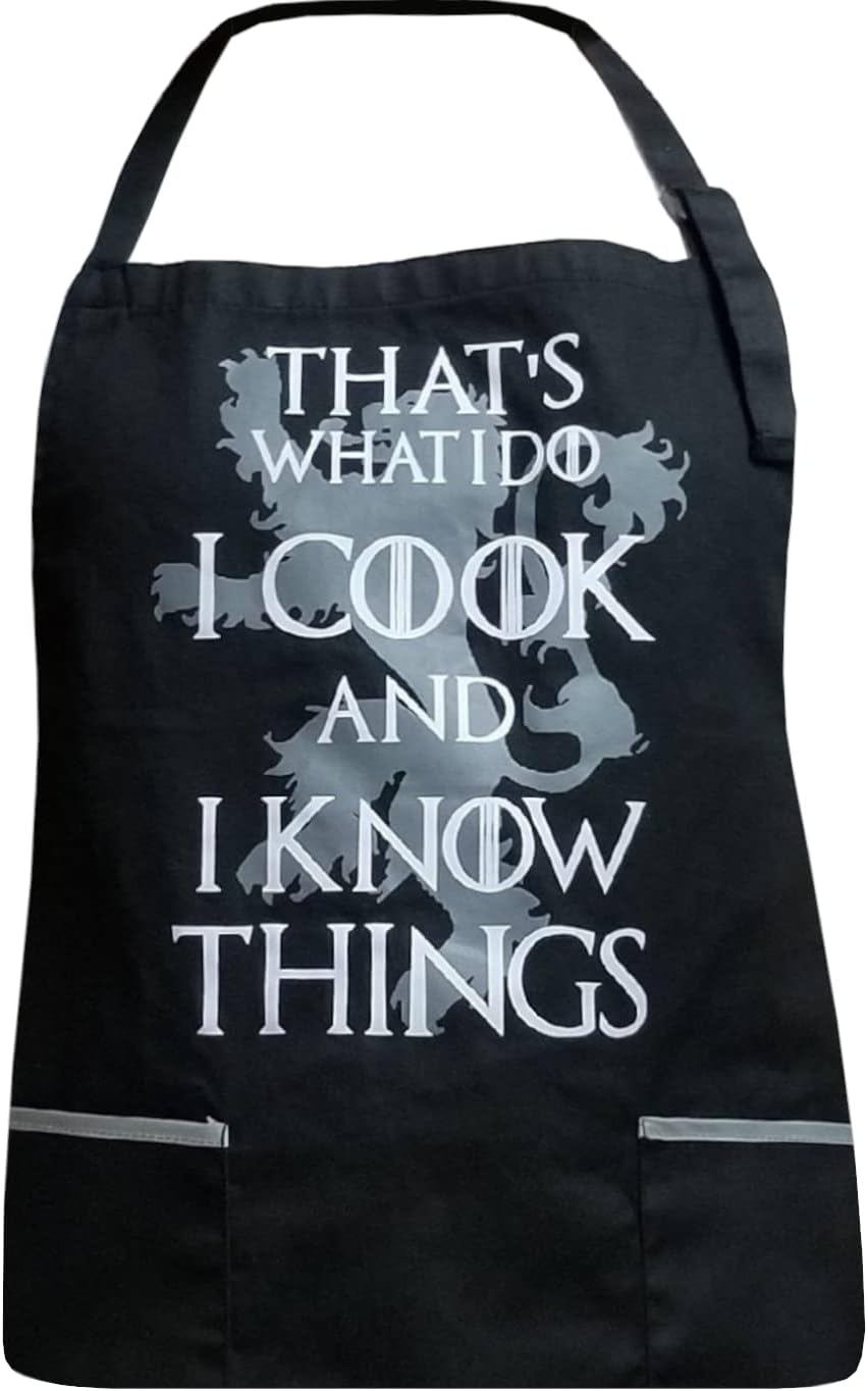 That's What I Do I Cook & I Know Things - 100% Cotton Black Apron with 2 Grey Tone Pockets - Adjustable Strap - Unisex Inspired by Game of Thrones