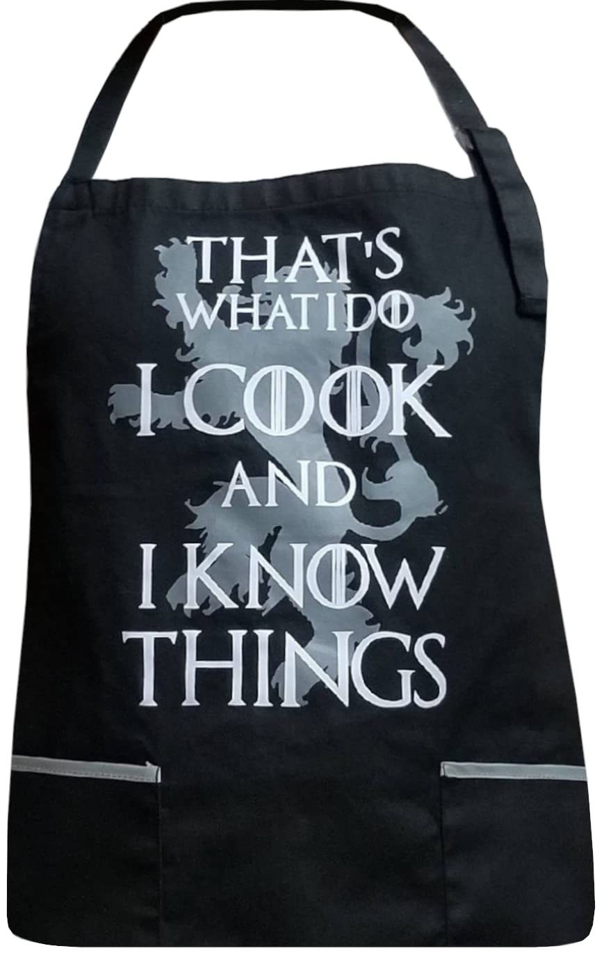 INVEST IN SOLUTIONSThat's What I Do I Cook & I Know Things - 100% Cotton Black Apron with 2 Grey Tone Pockets - Adjustable Strap - Unisex Inspired by Game of Thrones, Black, Adult