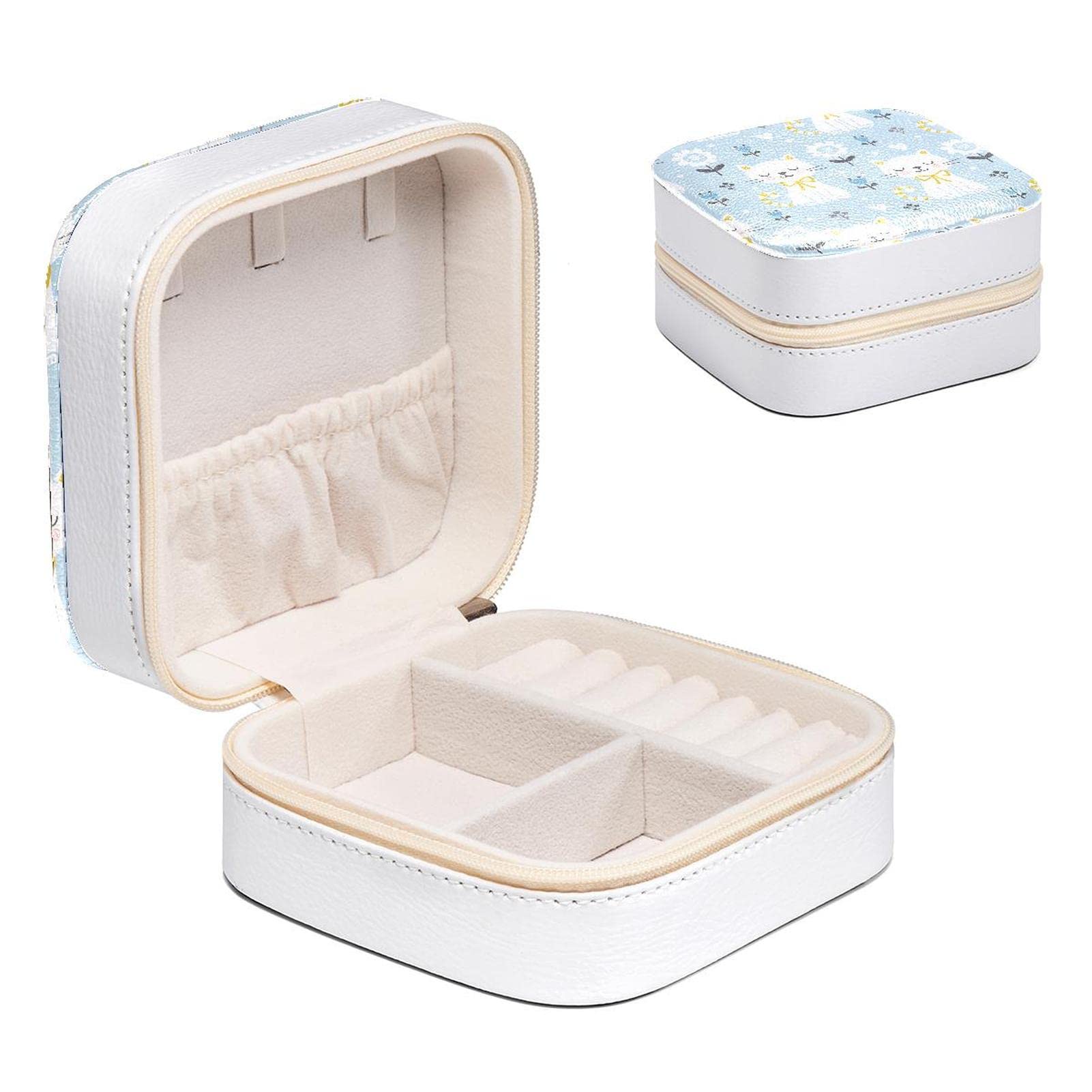 Boîte à bijoux chat blanc et fleur compacte pour bagues et colliers