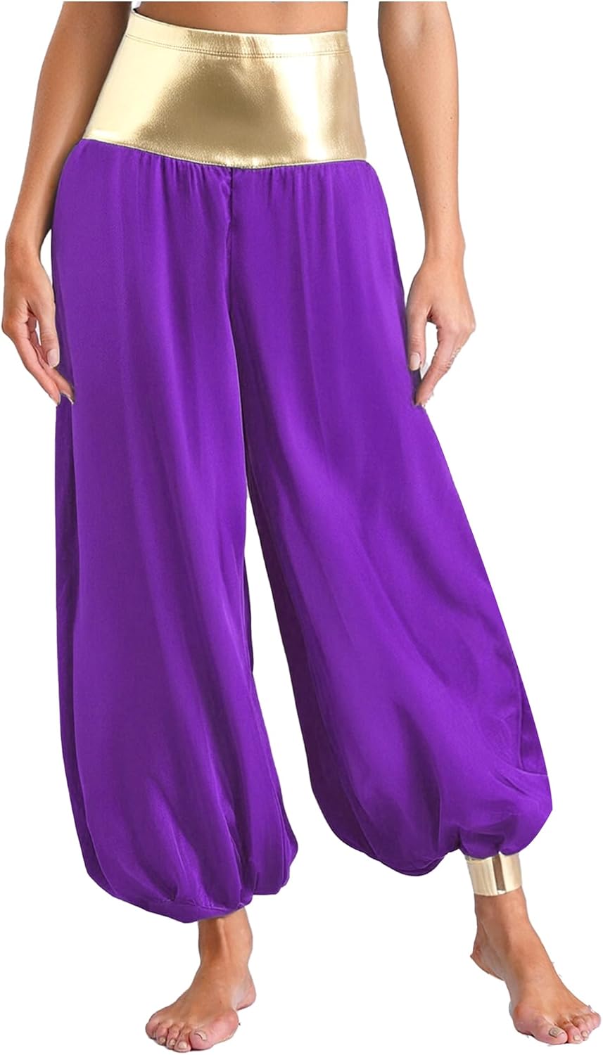Alvivi Womens Silky Satin Arabian Pants High Waist Harem Trousers for Belly Dance Rave Halloween Cosplay