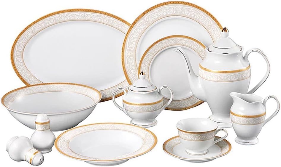 49-Piece Beige Gold Design Adds An Elegant Touch Venice Porcelain Dishwasher Safe Dinnerware Set