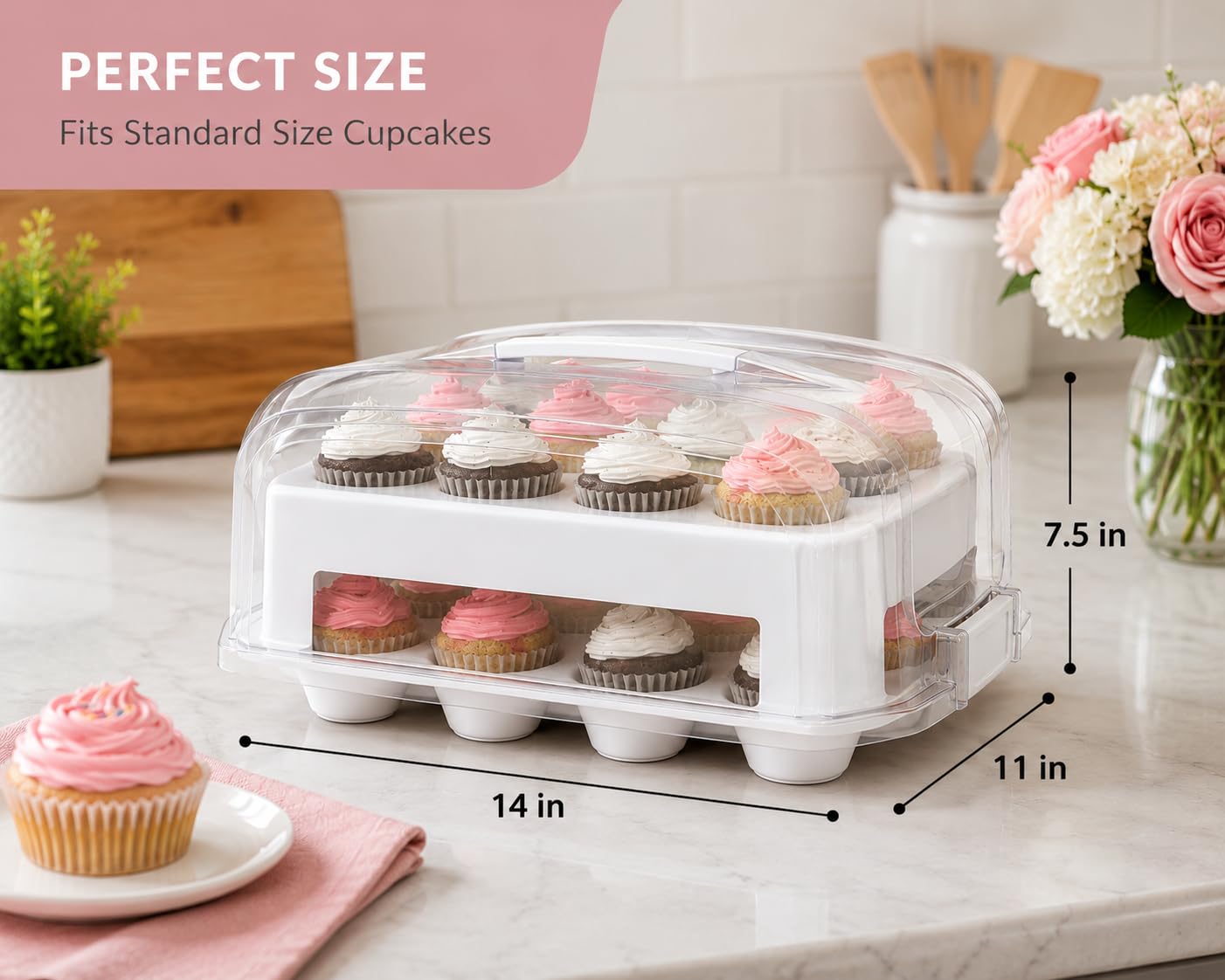 Top Shelf Elements Cupcake-Träger, extra großer Deckel, weißer Cupcake-Halter für 24 Cupcakes in Standardgröße, Muffin-Reisender, zweistöckiger Ständer, wiederverwendbare Cupcake-Box
