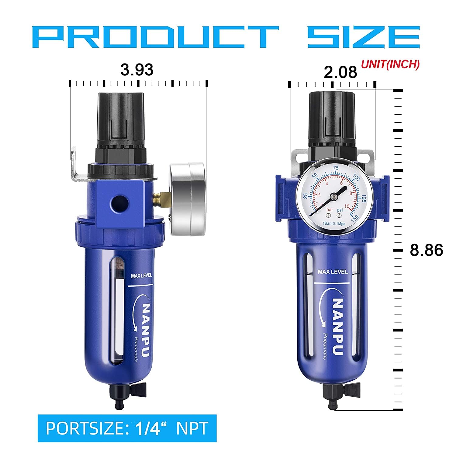 NANPU 1/4" 3/8" 1/2" BSP Regolatore del filtro dell'aria compressa, lega di zinco, elemento in ottone da 5 micron, manometro da 0-10 bar, ciotola a sgancio rapido, scarico manuale, staffa in metallo