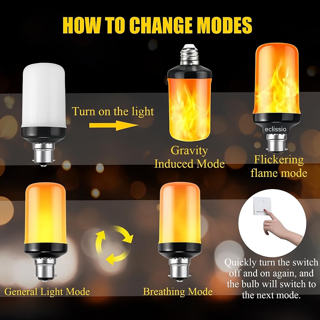 eclissia Flame Effect Light Bulb, Flicker Lighting Feature,4 Modes Flickering Bulbs with Upside Down Effect,Flame Bulb Halloween Christmas & Diwali Party. 1