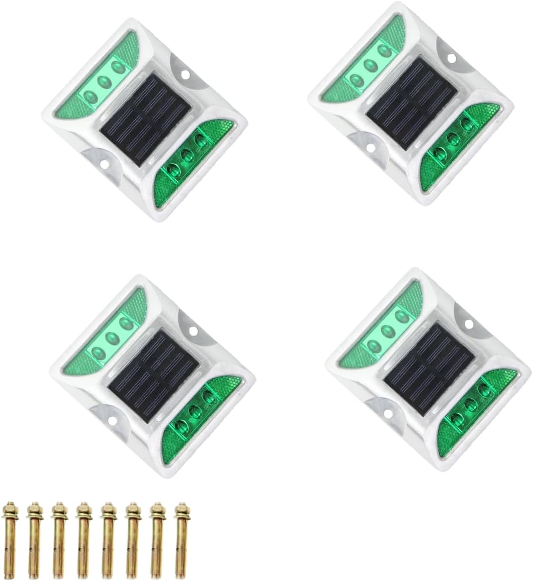 Wokyo Solar Power Road Reflector Waterproof Outdoor Warning Step Lights for Driveway Sidewalk Garden Pathway Yard (4* Green, Flashing)