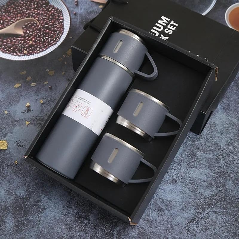Image of 500ml Vacuum Insulated Stainless Steel Flask Set with 3 Cups Leakproof Double Wall Bottle for Tea Coffee Water Travel Office Gift Set- Not a Thermos Grey