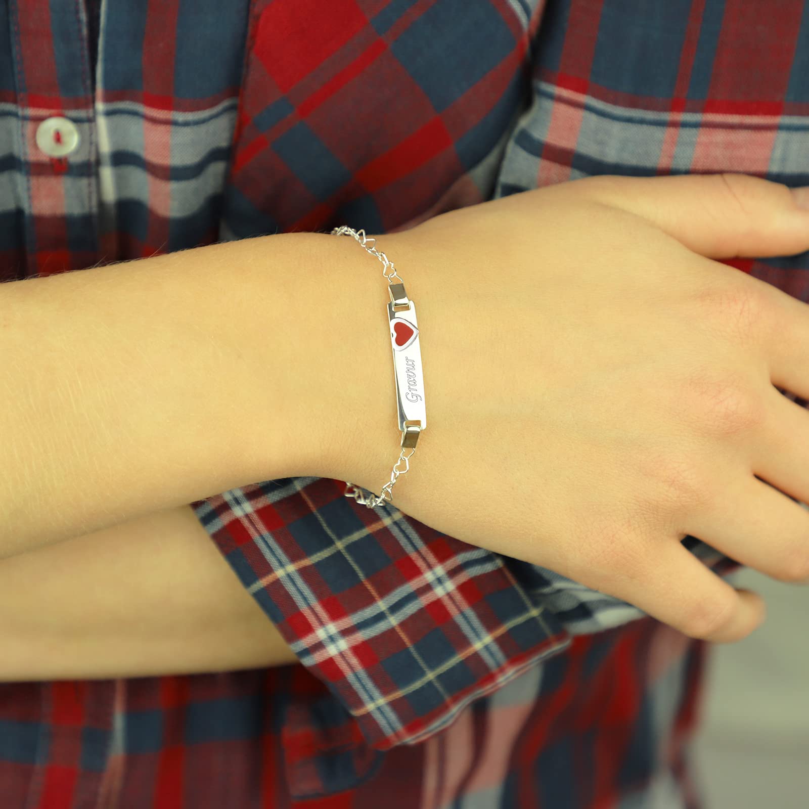 Armband Damen mit Gravur Identarmband Herz Rot 925 Silber personalisiert Wunschgravur auf Vorder und Rückseite