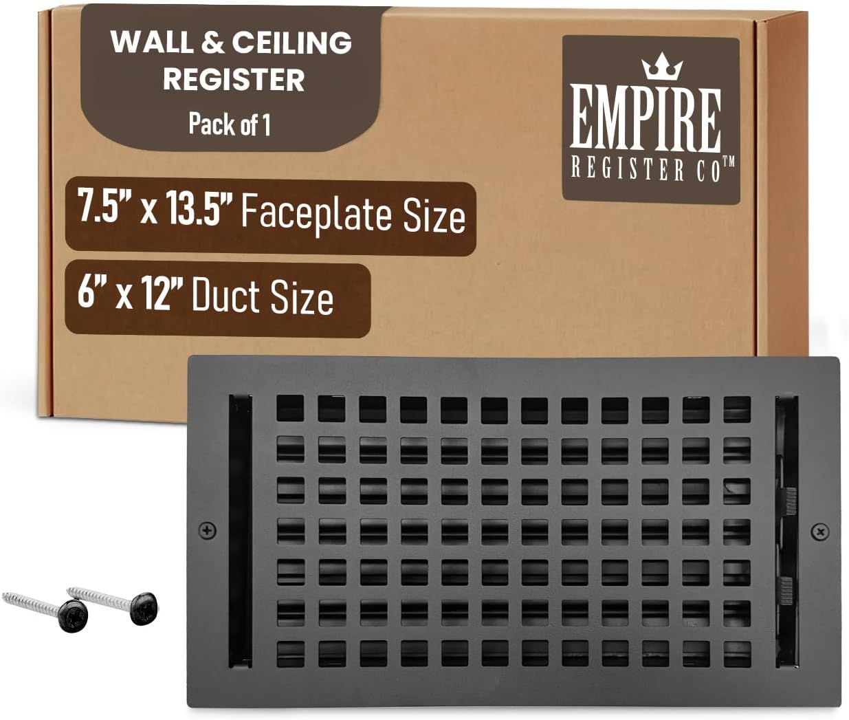 Empire Register Co, Vent Cover - 6x14 inch, Square Design, Textured Black Finish, Heavy Duty Floor Vent Covers, Metal Damper Attached Vent Covers for Home Floor only