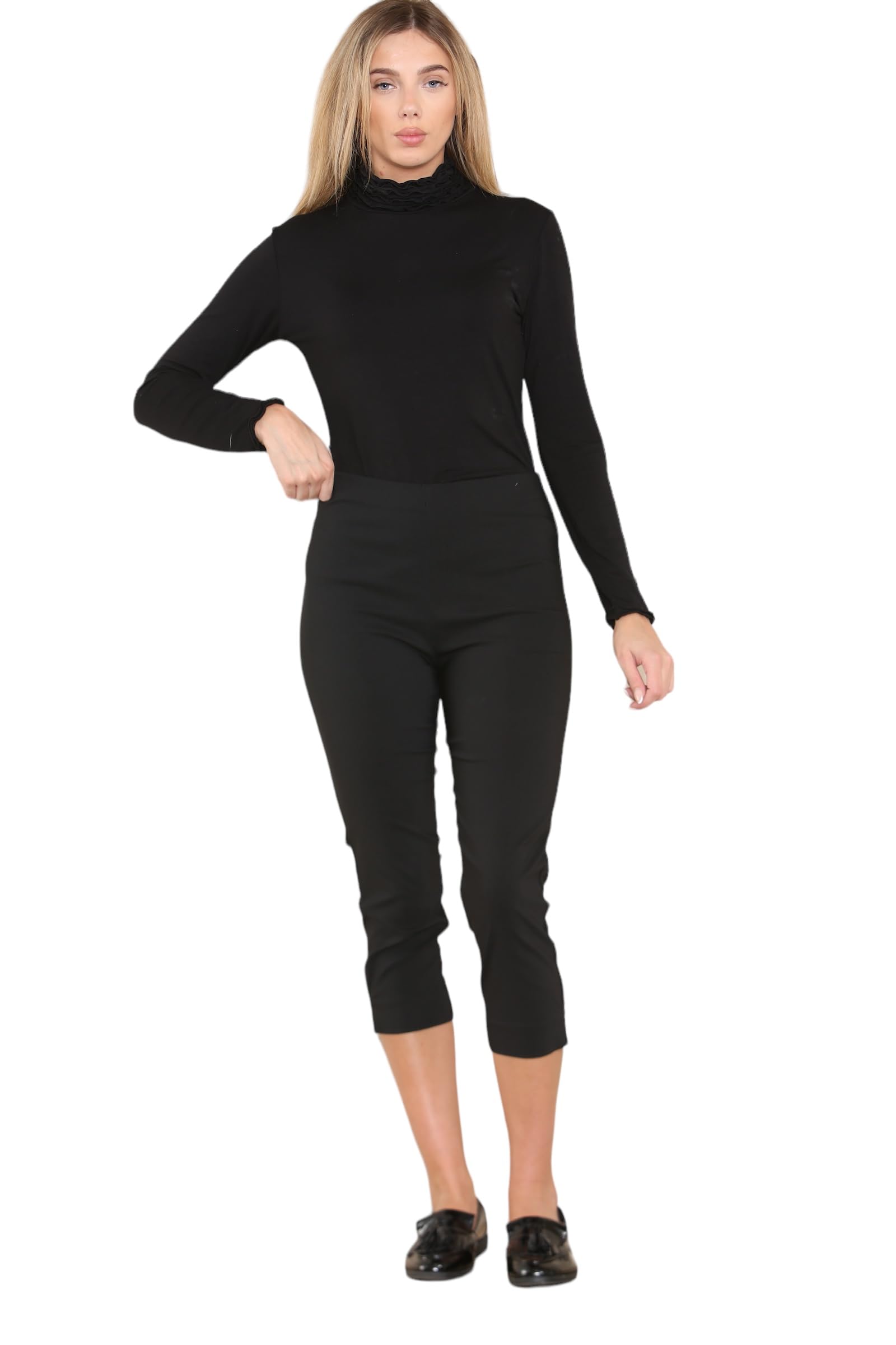 Wearall Women's Black Cropped Trousers For Uk Capri Trouser Summer Pants Short Crop Stretch 3/4 Length Three Quarter Pedal Pusher Clothes Elasticated Bengaline Cut Off 14