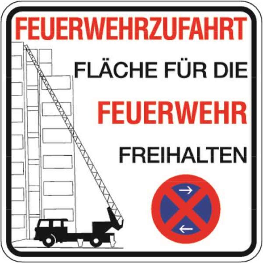 Señal de advertencia de protección contra incendios, con texto en alemán "Feuerwehrzufahr tfläche für die Feuerwehr freihalten" sin sujeción