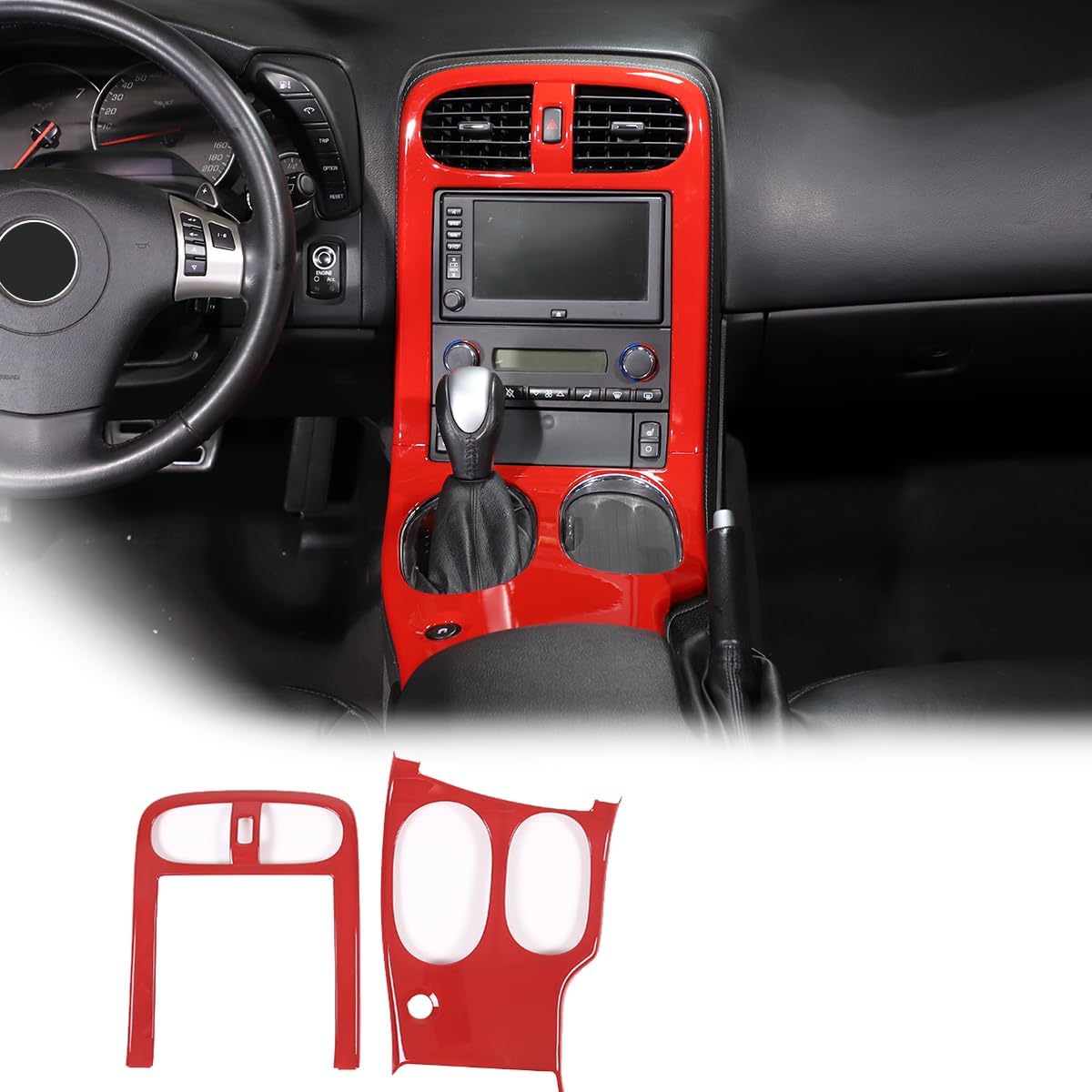 Car Center Console Trim, Multimedia Center Console Decorative Trim for Chevrolet Corvette C6 2005-2013 Car Water Cup Holder Cover Panel (Red)