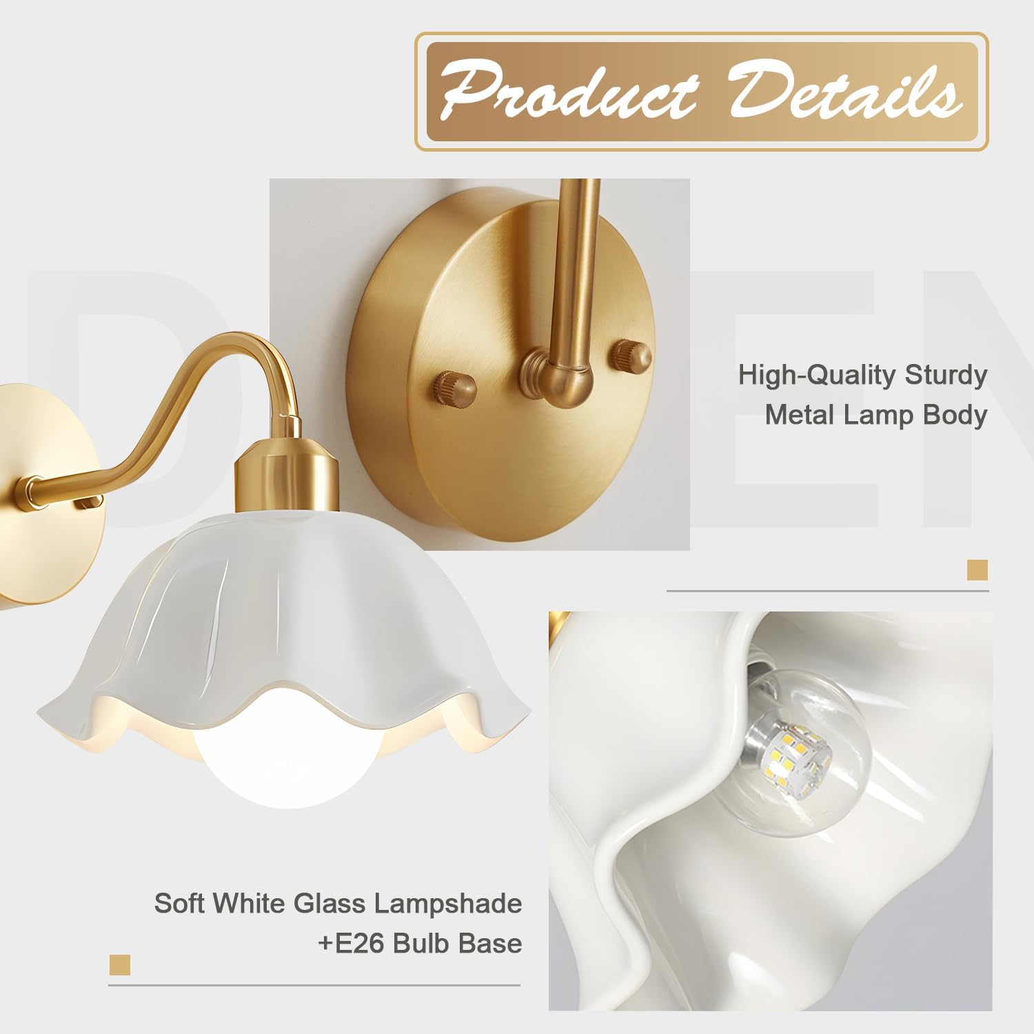 Gold Wall Sconces Set of Two Vintage Industrial Wall Lights Modern Farmhouse Sconces Wall Lighting Indoor Wall Mount Light Fixture with White Glass Lampshade Hardwire Wall Lamp MWL02-2B