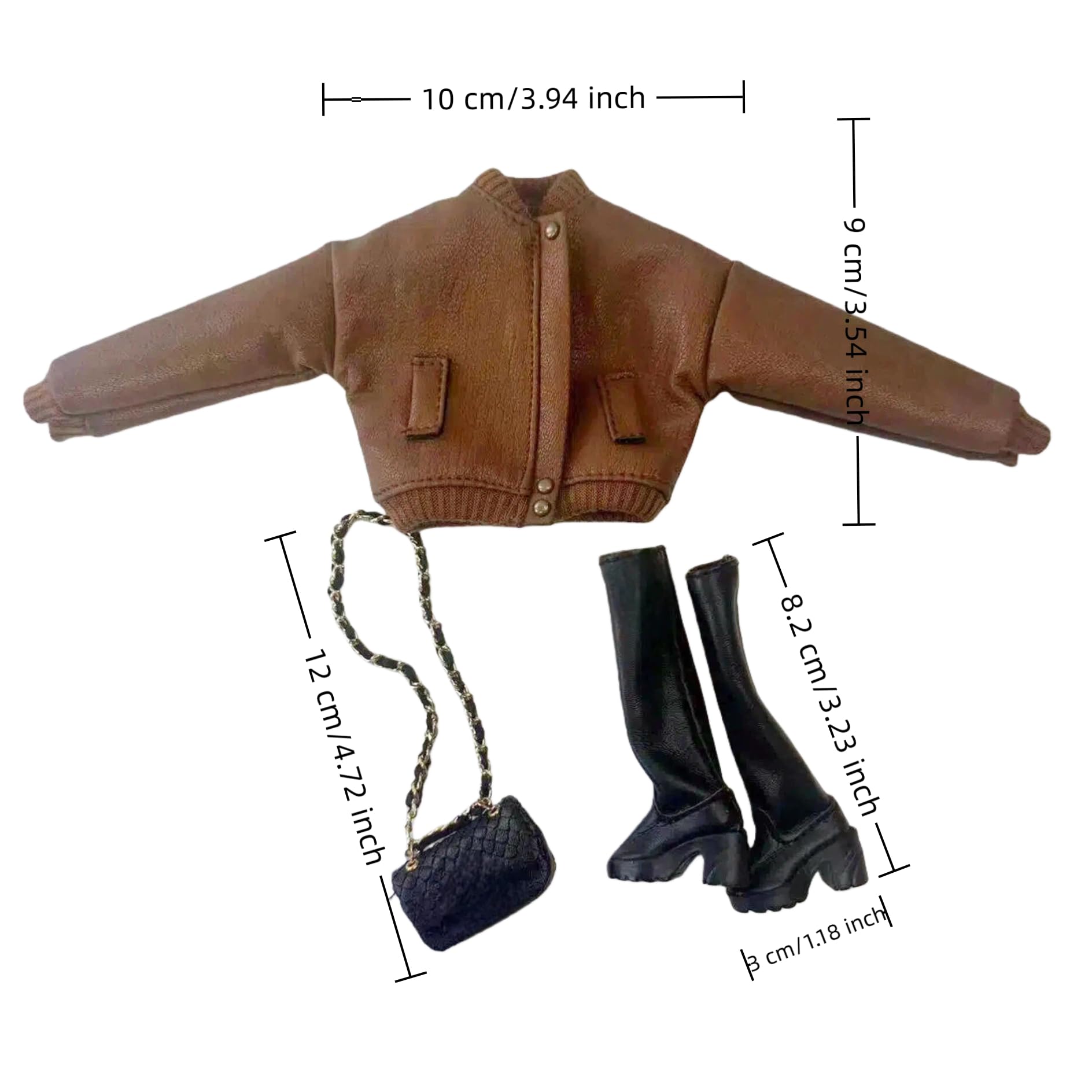 Conjunto de ropa de muñeca de moda, chaqueta de bombardero con botas de combate y bolsa de cadena, para muñecas de 11.5 a 12 pulgadas, BJD 1/6 (chaqueta bomber marrón)
