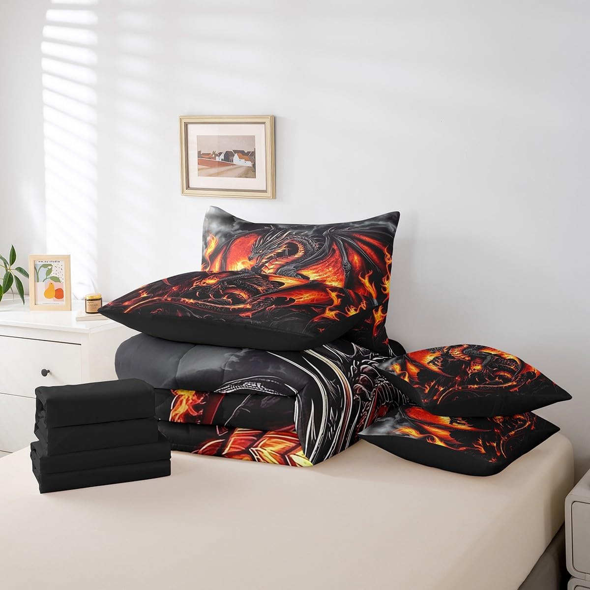 Erosebridal Dragon Queen Size Bed in A Bag, Ancient Animal Comforter Set with Sheets for Adult Men Room, Black Gold Wildlife 7 Pieces Bedding Set, Breathable Room Decor