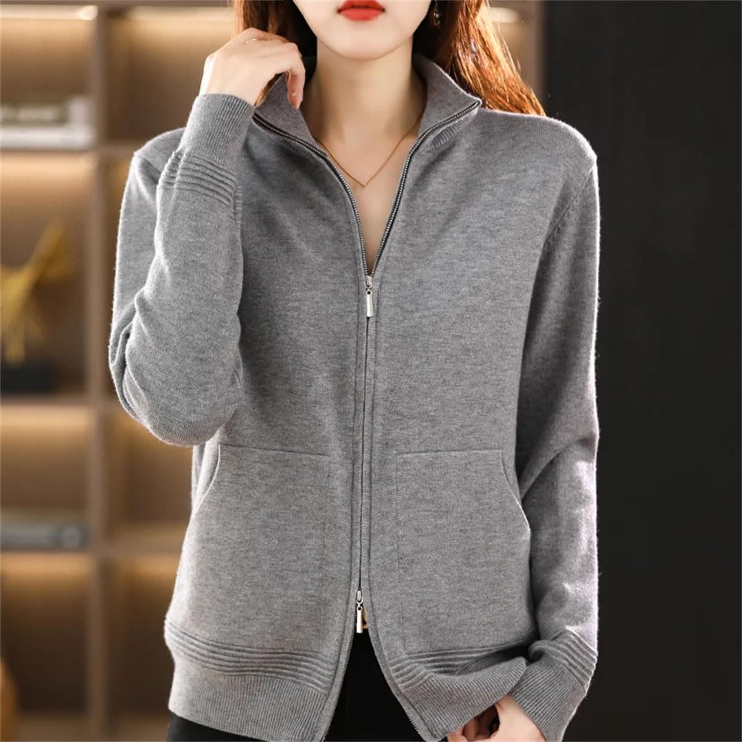Vogrtcc Suéter De Lana para Mujer Cárdigan con Doble Cremallera Tops De Punto Casuales