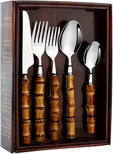 cathyladi Juego de cubiertos dorados 20 piezas para 5 cubiertos de bambú de acero inoxidable incluye cuchara de tenedor y cuchillo pulido espejo