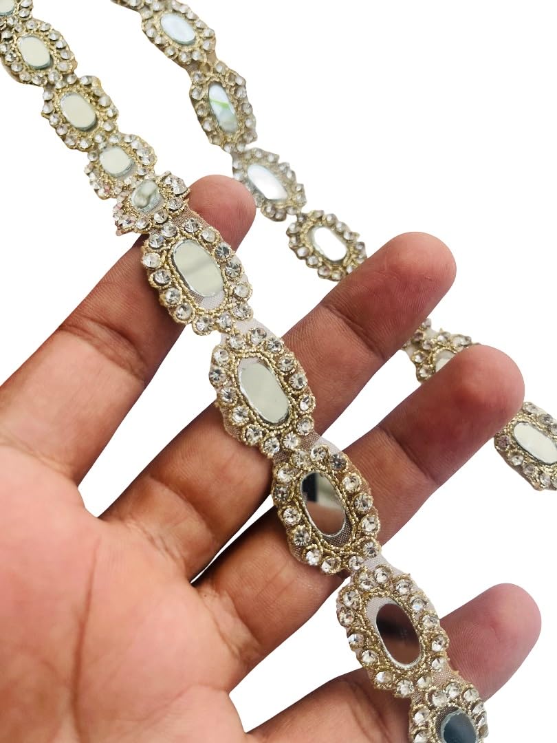 Dentelle indienne 1,9 cm avec miroir et zircon pour robe de mariée et sari au mètre