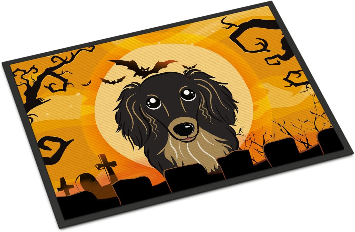 Caroline's Treasures BB1771JMAT Halloween Longhair Black and Tan Dachshund Doormat 24x36 Front Door Mat Indoor Outdoor Rugs for Entryway, Non Slip Washable Low Pile, 24H X 36W