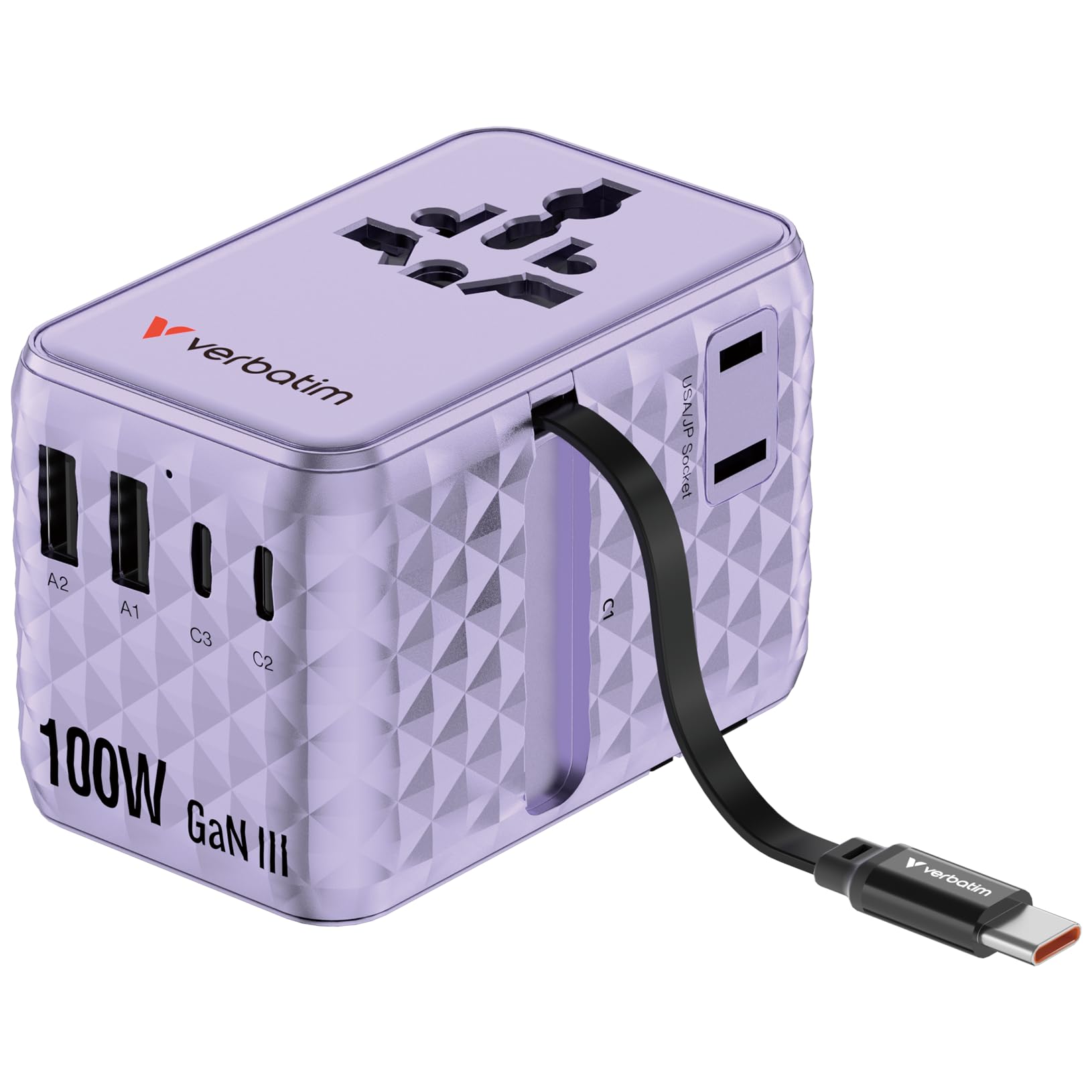 Verbatim GaN - Adattatore da viaggio 100 W, colore viola, con cavo integrato e 2 x USB-C, 2 x USB-A, 2 x connettori USA/JP, caricatore rapido universale per laptop, smartphone e altro ancora