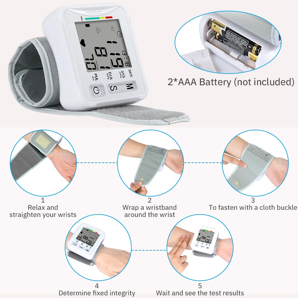 Tensiometro de Muñeca, Tensiometro de Muñeca Digital para 2 Usuarios con 2x99 Memoria, Pantalla LCD con Presión Arterial y Frecuencia Cardíaca, para Muñecas de 13.5cm–19.5cm
