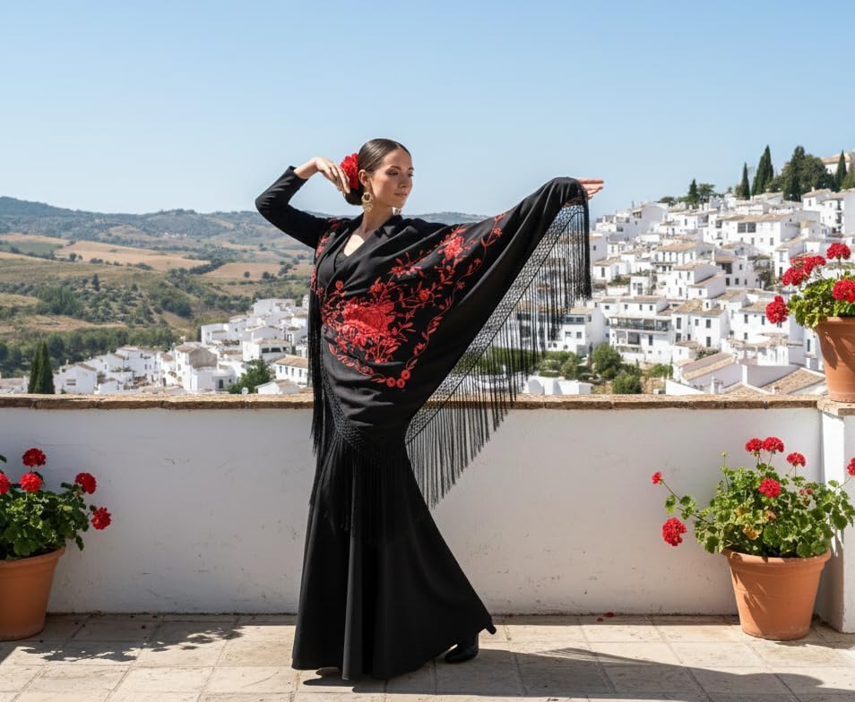AMINA Black Flamingo Shawl with Fringe Embroidered Red Flowers on One Side Large 75X35inch - Image 5