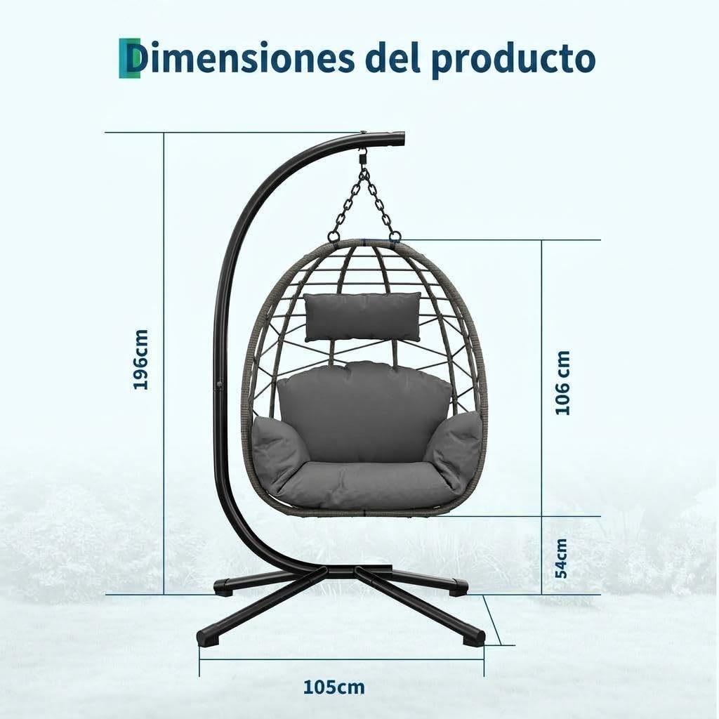 Silla Colgante Plegable Con Soporte, Sillón Colgante Tipo Huevo Con Cojines Impermeables y Reposacabezas Ajustable, Estructura De Acero Resistente Hasta 150 kg, Para Jardín, Balcón, Terraza e Interior