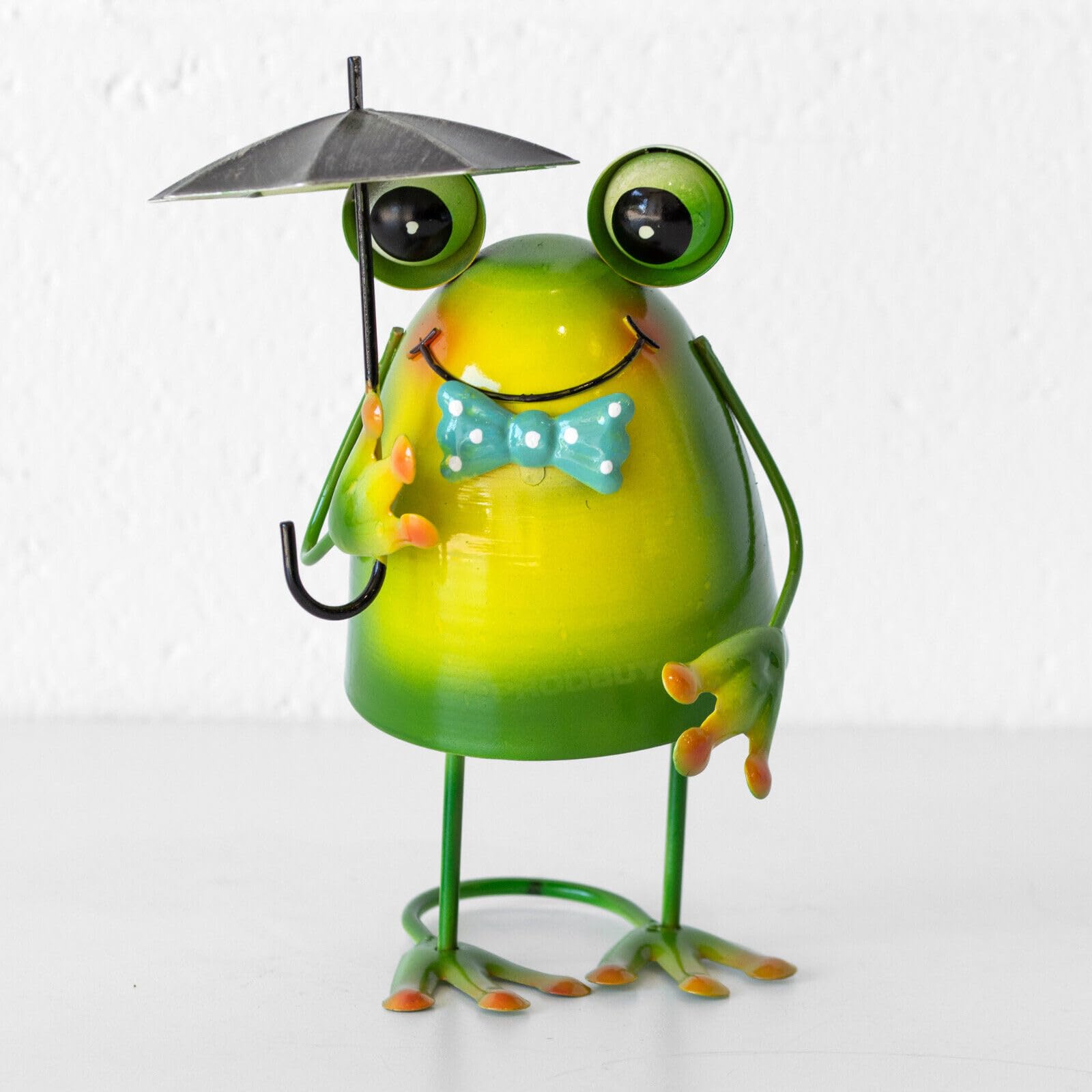 Green Frog Ornament with Umbrella 20cm Small Metal Fun Garden Lawn Figure Decor