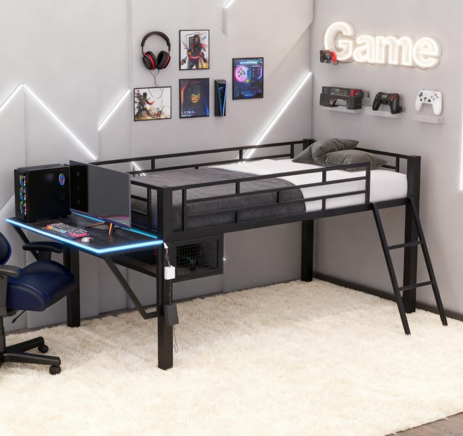 Bellemave Twin Loft Bed with Desk, Gaming mid loft Bed with Desk, LED for Adults, Teens, Kids, Black
