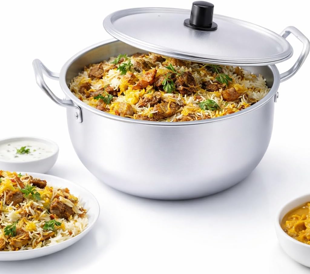 Aluminum Biryani Pot with Lid – 24cm Indian Cooking Vessel for Rice, Curry, Meat – Dum Handi Style Deep Pot for Stove Top | Large Lightweight Sauce Pan for Traditional Meals