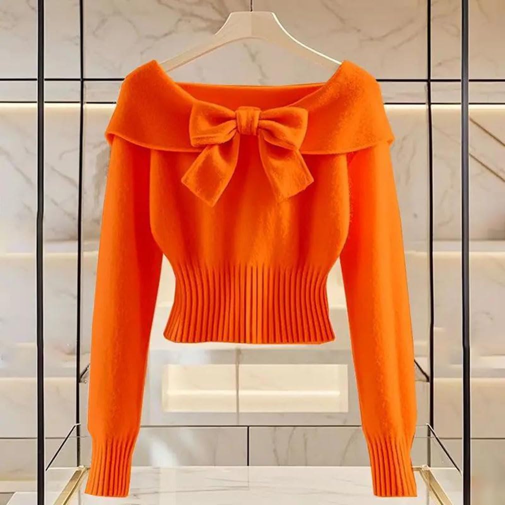 Women's Bowknot Knitting Sweater Foldover Cinched Waist Crop Tops Trendy Knit Pullover Sweaters