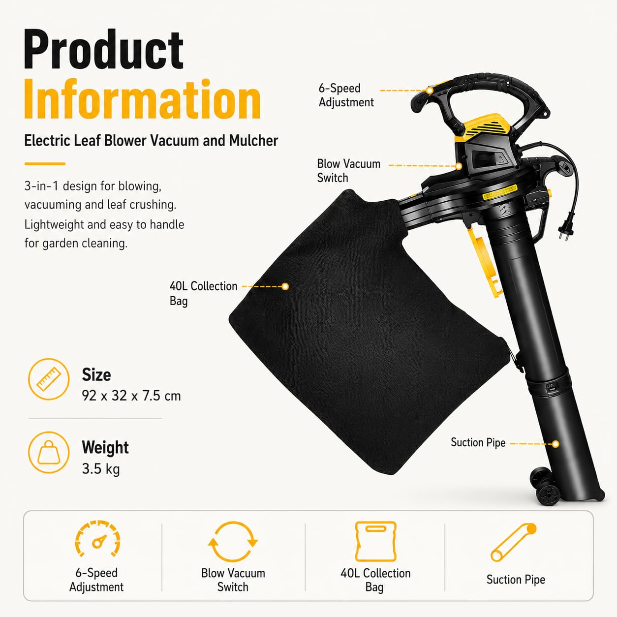 Soplador eléctrico de hojas de 3800 W y triturador | Bolsa de colección con cable, 40 L, relación de trituración 16:1, aspiradora de jardín