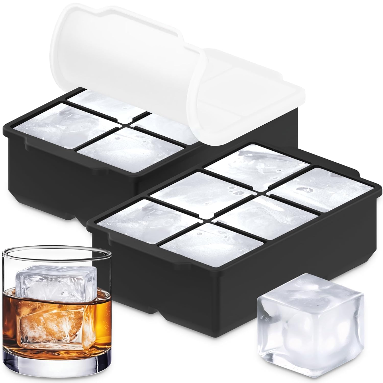 BIDFUL 2-Pack Large Silicone Ice Cube Tray Set with Lid – Extra-Large BPA-Free Soft Moulds, Stackable, Non-Stick, Freezer-Safe Ice Tray for Whiskey, Cocktails & Home Use (2, Black)