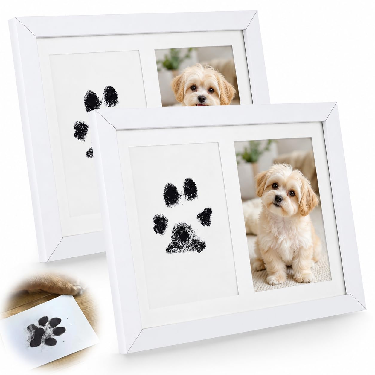 YAYODS 2Pcs Dog Paw Print Kit, Large Ink Paw Print Kit with 2 Photo Frames, 4 Imprint Card, Pet Paw Print Kit for Dogs & Cats, Pawprint Family Keepsake Kit, 17.2x22.3x1.2CM（White）