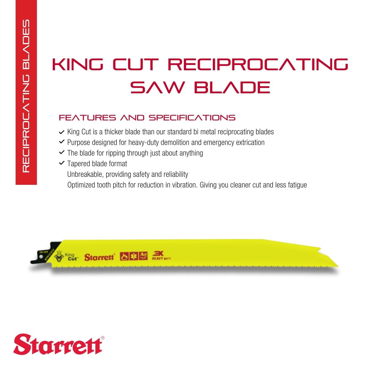 Starrett BR121014-20 Bi-Metal Unique Straight King Cut Fire, Rescue and Demolition Reciprocating Saw Blade, 0.050" Thick, 10-14 TPI, 12" Length x 3/4" Width, Fluorescent Yellow (Pack of 20)