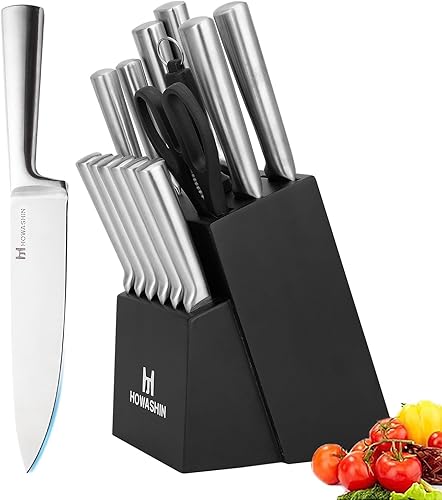 Juego de cuchillos de acero inoxidable con bloque de 15 piezas de cuchillos de cocina de acero japonés, juego de cuchillas ultra afiladas con acero