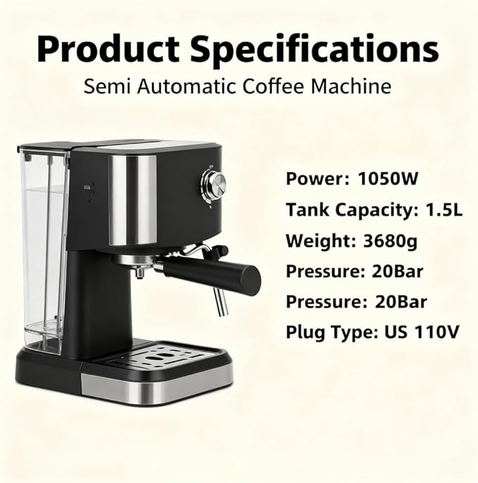 Cafetera Semiautomática Compacta 20 Bar con Espumador de Leche, Tanque 1.5L miniatura 8