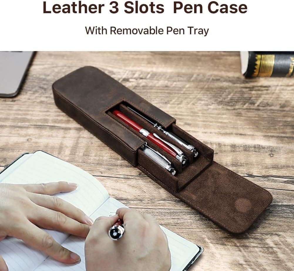 Leather Fountain Pen Case Collector Organizer,Pencil Case Handmade Pen Protective Sleeve (Magnetic 3 slots)
