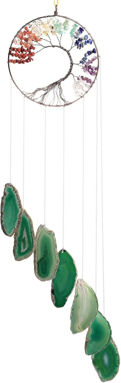 7 Chakra Tree of Life Oblique Agate Slice Wind Chime, Reiki Stone Wall Hanging Ornament Windchime for Home Indoor Outdoor, Green